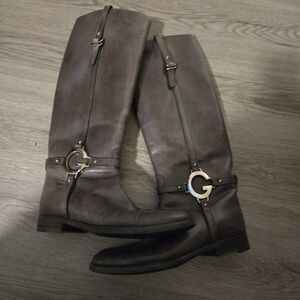 Green Knee-High Leather Boots with Gold Buckle